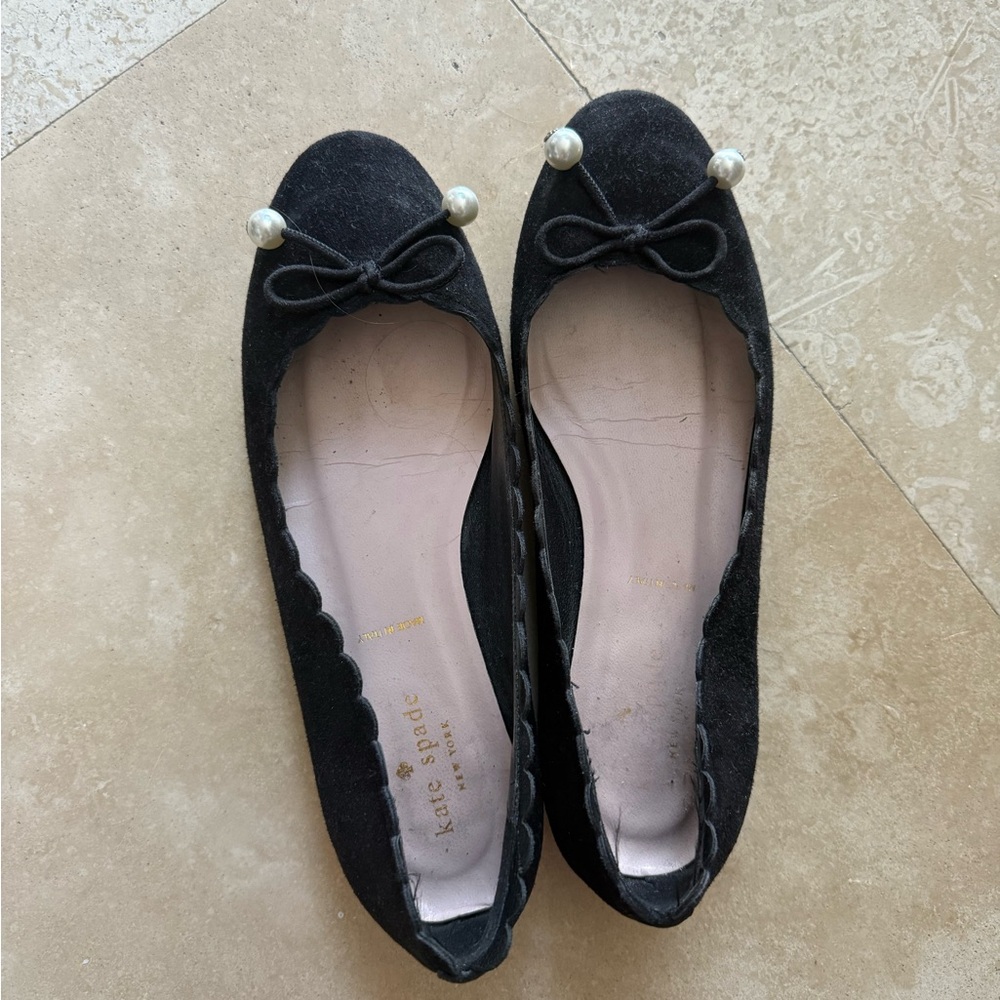 Kate Spade Black Velvet Flats with Bow and Pearl Accents